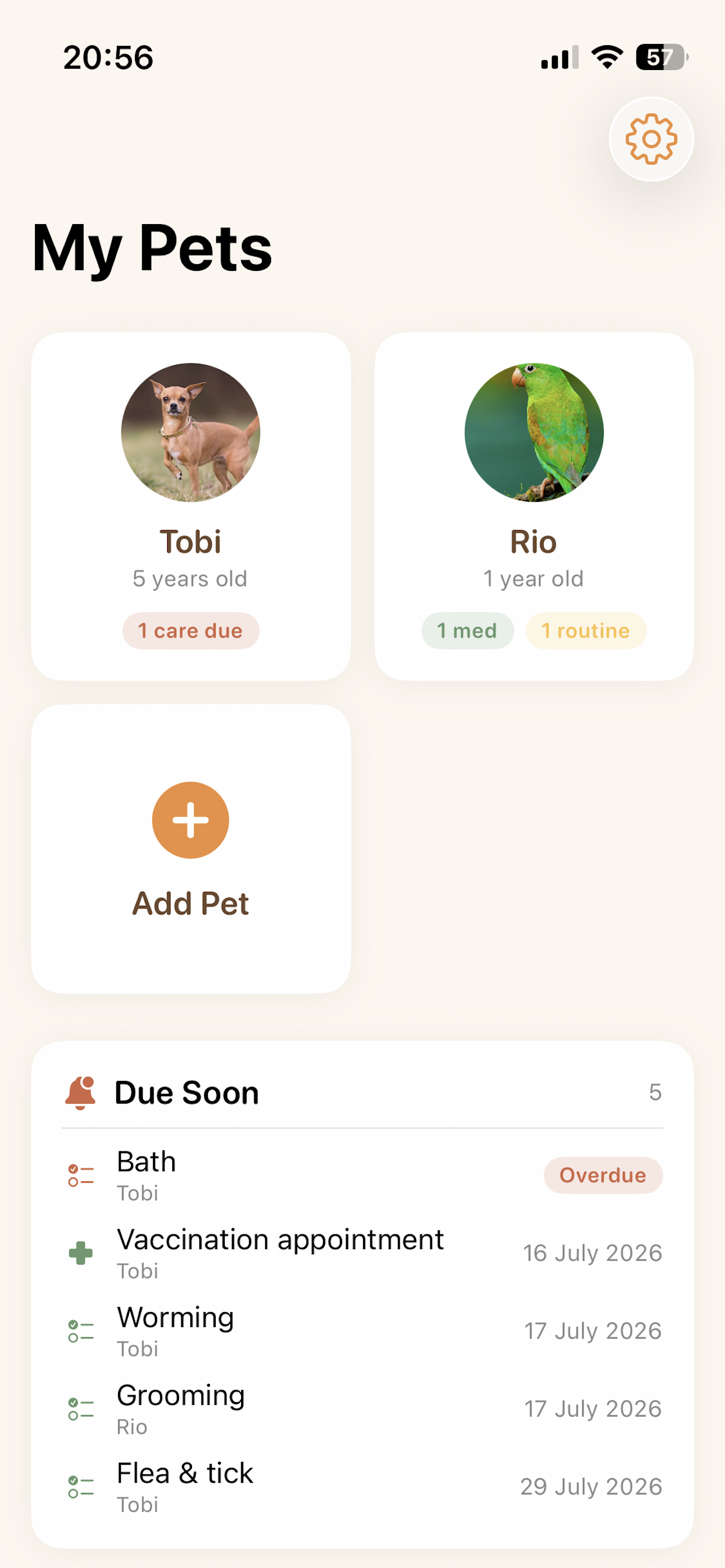 Heeler showing a My Pets overview with pet cards and a due soon list.
